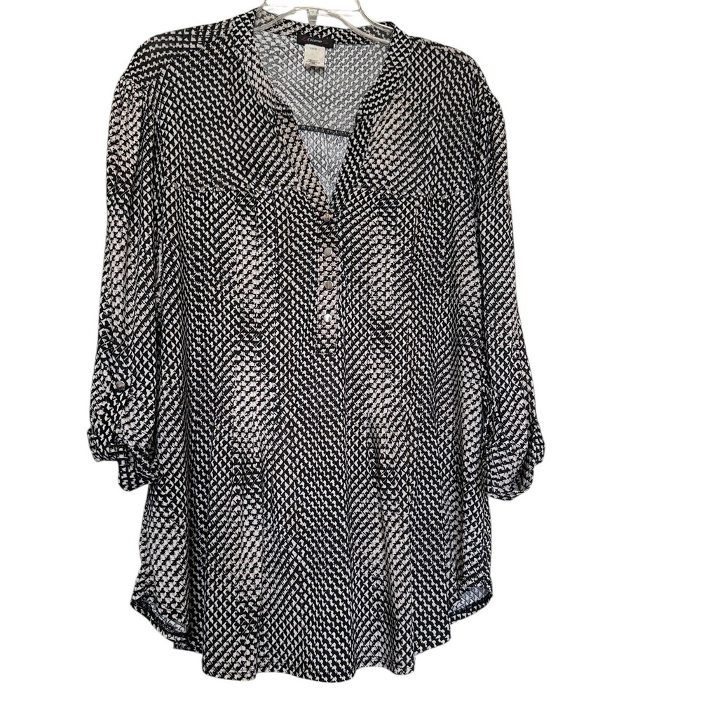 Cocomo Tunic Top Women XL Black White Geometric Roll Tab Sleeve Henley Blouse